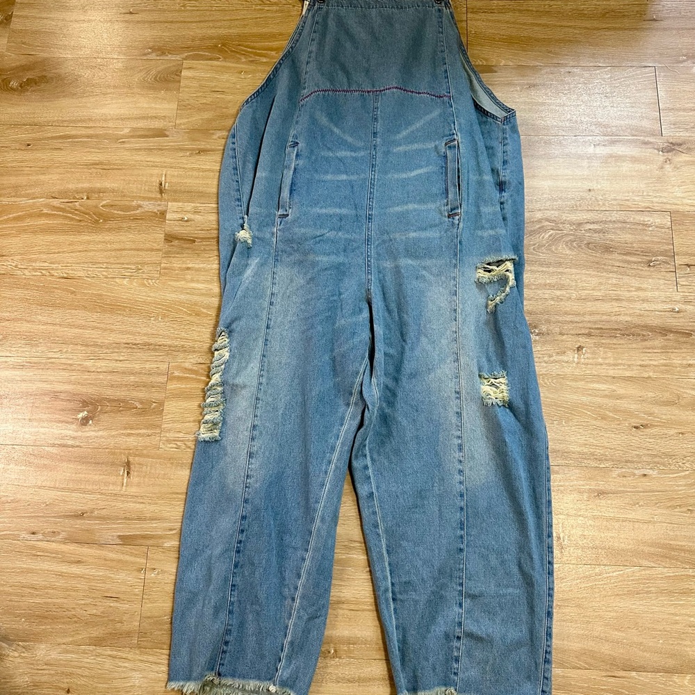 YESNO Overall Dungarees Womens 3XL Blue Denim Floral Baggy Wide Leg Distressed